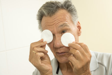 Senior man in the bathroom using cotton pads for eye reliefの写真素材