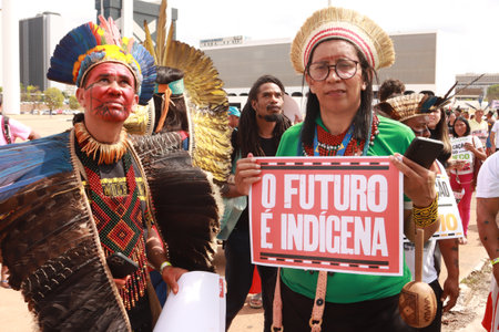Brasilia, Brazil, August 30 2023 Indigenous Indians from Different parts of Brazil, Marching down the Esplanada dos Ministerios for The Future for our Children March in Brasiliaのeditorial素材
