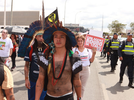 Brasilia, Brazil, August 30 2023 Indigenous Indians from Different parts of Brazil, Marching down the Esplanada dos Ministerios for The Future for our Children March in Brasiliaのeditorial素材