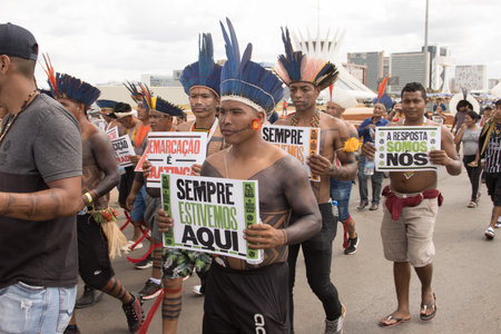 Brasilia, Brazil, August 30 2023 Indigenous Indians from Different parts of Brazil, Marching down the Esplanada dos Ministerios for The Future for our Children March in Brasiliaのeditorial素材