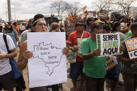 Brasilia, Brazil, August 30 2023 Indigenous Indians from Different parts of Brazil, Marching down the Esplanada dos Ministerios for The Future for our Children March in Brasiliaのeditorial素材