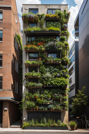 Beautiful flowers in pots on the facade of a modern apartment buildingの素材