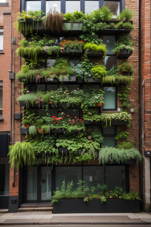 Beautiful flowers in pots on the facade of a modern apartment buildingの素材