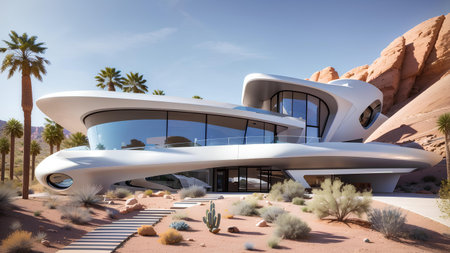 Futuristic modern looking home in the desert southwest with sleek designの素材