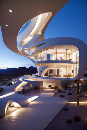 Futuristic modern looking home in the desert southwest with sleek design in the evening with lights onの素材