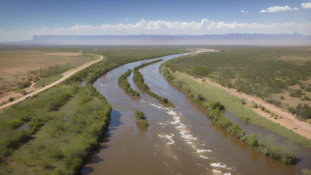 The Rio Grande Valley with the Rio Grande River flowing in the middle between the United States and Mexican Borderの素材