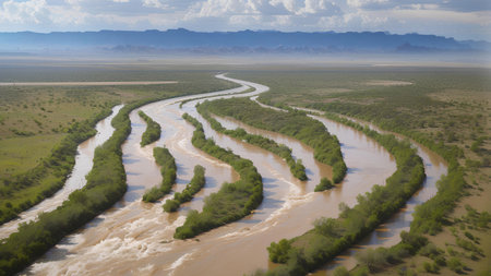 The Rio Grande Valley with the Rio Grande River flowing in the middle between the United States and Mexican Borderの素材