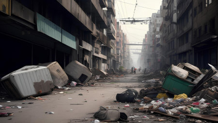 Intercity totally overrun with trash and debris in the street with some abandon buildingsの素材