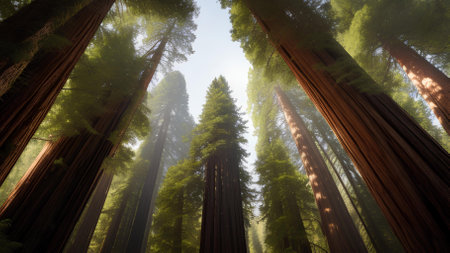 View of the magnificence Redwood Forest looking up from ground levelの素材