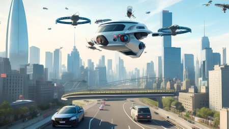 Fly cars of the future fly over a major urban cityの素材