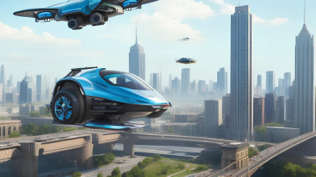 Fly cars of the future fly over a major urban cityの素材