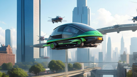 Fly cars of the future fly over a major urban cityの素材