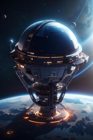 A futuristic satellite orbiting planet earth for cybersecurity and communicationの素材