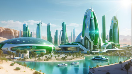 A Futuristic Smart City out in the desert Eco-friendly Metropolisの素材