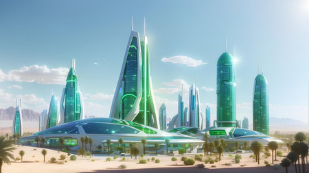 A Futuristic Smart City out in the desert Eco-friendly Metropolisの素材