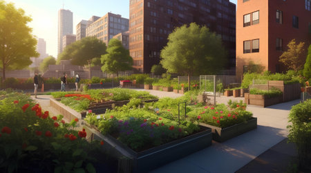 A Community Garden in the middle of a neighborhood in a big cityの素材