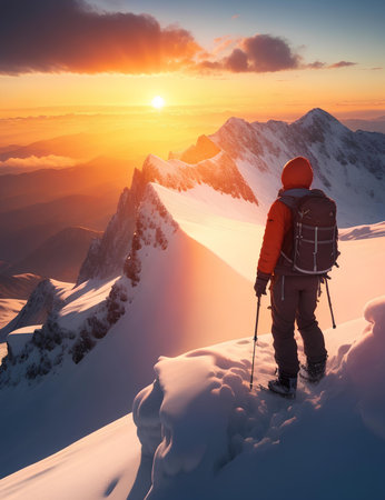 A Hiker that reach the top of a snow covered mountain looking the at the sunsetの素材