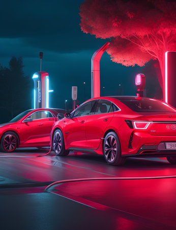 Futuristic electric car charger charging a red sedanの素材