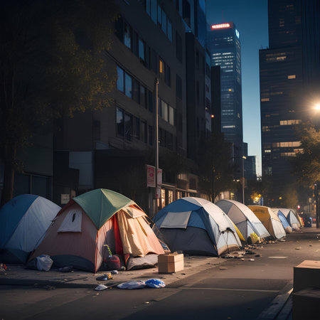 Homeless encampment in an downtown area of a major city with tents and cardboard boxesの素材