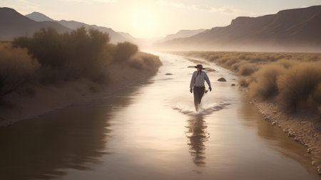 A man traveling by himself in the late afternoon crossing the Rio Grande River from Mexico into the USの素材