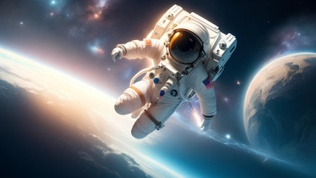 Astronaut Floating through space by himself outside his spacecraftの素材