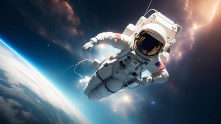 Astronaut Floating through space by himself outside his spacecraftの素材