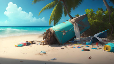 Trash and Debris that washed up on a beautiful tropical beachの素材