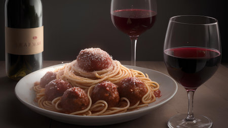 A Big Plate of Spaghetti and Meatballs with a glass of red wine on the side and a Wine Bottleの素材