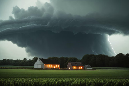 Tornado touching down with lighting strikes and severe weather in a big field closing in on a farm houseの素材