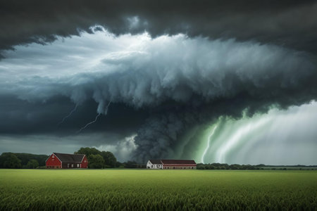 Tornado touching down with lighting strikes and severe weather in a big field closing in on a farm houseの素材