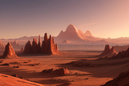 Fantasy alien planet. Mountain and lake. 3D illustration.の素材