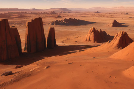 Wide angel view of the Red Planet known as Mars with small mountain peaks valleys and red dirtの素材