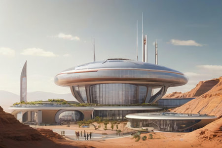 Futuristic space station in the desert. 3D rendering.の素材