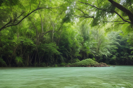 Tropical forest with emerald green river and green trees.の素材