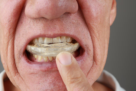 Older Mature Man putting in a night Guard in his mouth to prevent grindingの写真素材