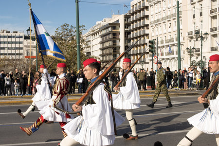 Athens, Greece, December 24 2023 Soldier of the Presidential Guard marching toward the Parliament for the ceremonial changing of the guard of The Tomb of the Unknown Soldierのeditorial素材