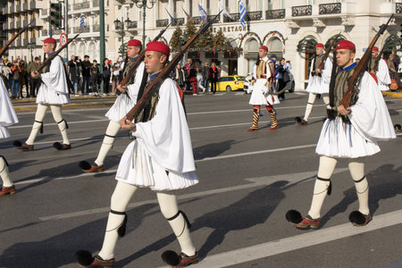 Athens, Greece, December 24 2023 Soldier of the Presidential Guard marching toward the Parliament for the ceremonial changing of the guard of The Tomb of the Unknown Soldierのeditorial素材