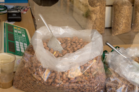 Pistachios nuts for sale at a local market on the Island of Aegina, Greeceの写真素材