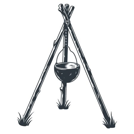 Cauldron on wooden sticks for camping and travelのイラスト素材