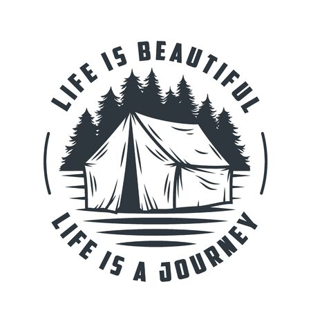 Monochrome emblem camping tent and forest travel adventureのイラスト素材