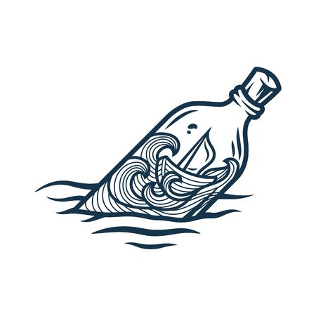 Vector illustration of boat swinging on the waves inside the bottle.のイラスト素材