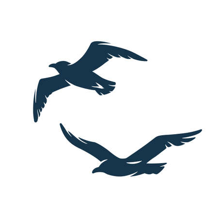 Silhouette of a seagull flying in the sky by the sea. Vector element of gull for marine nautical   designのイラスト素材