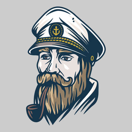 Bearded ship sailor with captain cap and a pipeのイラスト素材