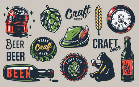 Set of beer emblem. Hop, barley, can and bottleのイラスト素材