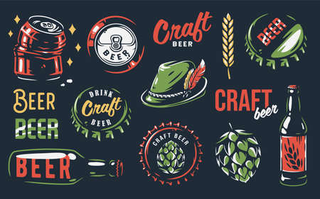 Set of beer emblem. Hop, barley, can and bottleのイラスト素材
