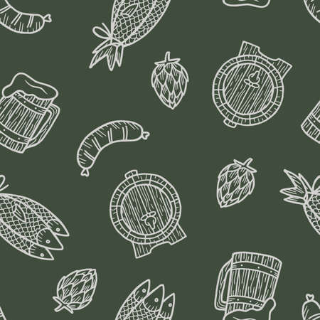 Pattern with sausage, beer mug, barrel and fishのイラスト素材
