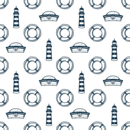 Pattern of marine nautical lifebuoy and lighthouseのイラスト素材