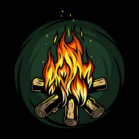 Burning bonfire with a large flame for campingのイラスト素材