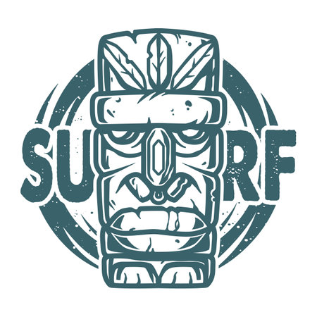 Surfing print of stone tiki mask, face idol. Vector illustration hawaii summer t-shirt designのイラスト素材