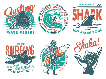 Summer surfing print set with surfer on wave. shaka, shark starfish on coast and surfboard. Vector colored t-shirt hawaii apparel designのイラスト素材